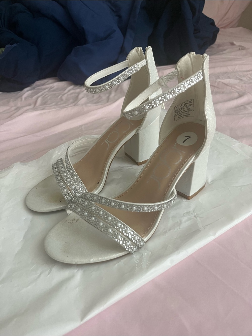 White Crystal and Pearl Ankle-Strap Block Heel Sandals